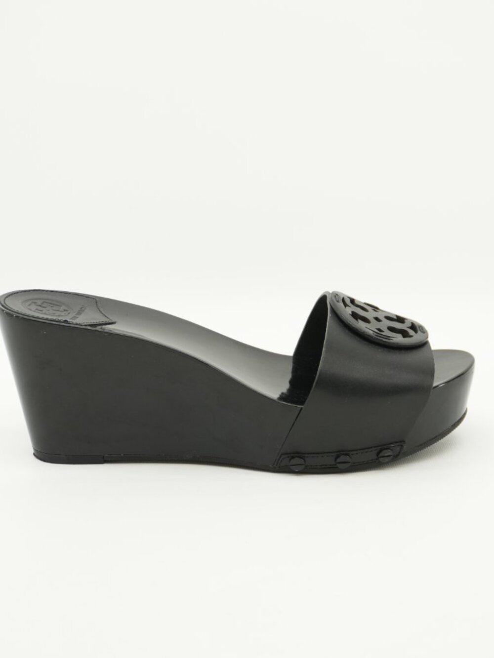 TORY BURCH Leather Wedges Black Patty Slides Clogs Size 7.5 - Picture 4 of 15